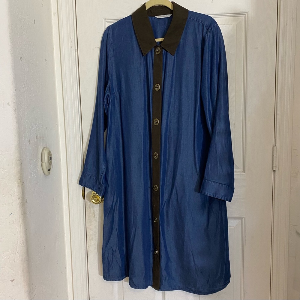 Soft Surroundings Icon Collection Urbina Dress Size Large Blue with Brown Trim
